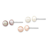 Sterling Silver Rhodium-plated 6-7mm White, Pink and Purple Semi-Round Freshwater Cultured Pearl 18 inch Necklace, 7.25 inch Bracelet and 3-piece Button Post Earrings Set - QH-5E3592C4-5731