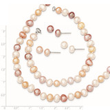 Sterling Silver Rhodium-plated 6-7mm White, Pink and Purple Semi-Round Freshwater Cultured Pearl 18 inch Necklace, 7.25 inch Bracelet and 3-piece Button Post Earrings Set - QH-5E3592C4-5731
