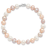 Sterling Silver Rhodium-plated 6-7mm White, Pink and Purple Semi-Round Freshwater Cultured Pearl 18 inch Necklace, 7.25 inch Bracelet and 3-piece Button Post Earrings Set - QH-5E3592C4-5731