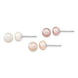 Sterling Silver Rhodium-plated 6-7mm White, Pink and Purple Semi-Round Freshwater Cultured Pearl 18 inch Necklace, 7.25 inch Bracelet and 3-piece Button Post Earrings Set - QH-76B0FB94-8106