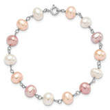 Sterling Silver Rhodium-plated 6-7mm White, Pink and Purple Semi-Round Freshwater Cultured Pearl 18 inch Necklace, 7.25 inch Bracelet and 3-piece Button Post Earrings Set - QH-76B0FB94-8106