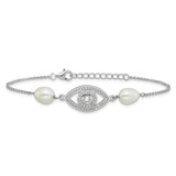 Sterling Silver Rhodium-plated 6-8mm Teardrop White Freshwater Cultured Pearl and CZ Evil Eye 7 inch with 1 inch Extender Bracelet