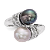 Sterling Silver Rhodium-plated 7-8mm Black and Grey Rice Freshwater Cultured Pearl and CZ Ring - QR-225FCFAF-5201