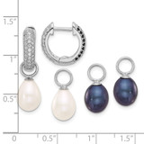 Sterling Silver Rhodium-plated 7-8mm Black and White Rice Freshwater Cultured Pearl and CZ Interchangeable Post Earrings Set - QE-89A9E7EF-1087