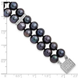 Sterling Silver Rhodium-plated 7-8mm Black Near-Round Freshwater Cultured Pearl and CZ 2-strand 7.5 inch Bracelet