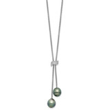 Sterling Silver Rhodium-plated 7-8mm Black Teardrop Tahitian Saltwater Cultured Pearl and CZ Dangle 18 inch with 2 inch Extension Necklace