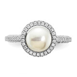 Sterling Silver Rhodium-plated 7-8mm Button White Freshwater Cultured Pearl and CZ Ring - QR-29A7B677-2506