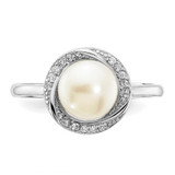 Sterling Silver Rhodium-plated 7-8mm Button White Freshwater Cultured Pearl and CZ Ring - QR-36DC5198-9441