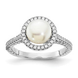 Sterling Silver Rhodium-plated 7-8mm Button White Freshwater Cultured Pearl and CZ Ring - QR-C85555EC-5307