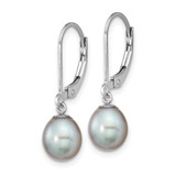 Sterling Silver Rhodium-plated 7-8mm Grey Teardrop Freshwater Cultured Pearl Leverback Dangle Earrings
