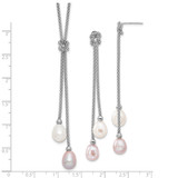 Sterling Silver Rhodium-plated 7-8mm Pink and White Teardrop Freshwater Cultured Pearl Knot 18 inch Necklace and Post Dangle Earrings Set