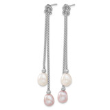 Sterling Silver Rhodium-plated 7-8mm Pink and White Teardrop Freshwater Cultured Pearl Knot 18 inch Necklace and Post Dangle Earrings Set