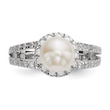 Sterling Silver Rhodium-plated 7-8mm White Button Freshwater Cultured Pearl and CZ Ring - QR-5E683E3A-9887