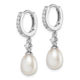 Sterling Silver Rhodium-plated 7-8mm White Freshwater Cultured Pearl and CZ Hoop Dangle Earrings