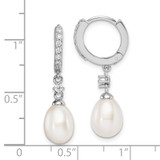 Sterling Silver Rhodium-plated 7-8mm White Freshwater Cultured Pearl and CZ Hoop Dangle Earrings
