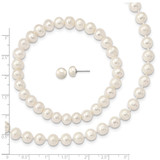 Sterling Silver Rhodium-plated 7-8mm White Near-Round Freshwater Cultured Pearl 18 inch Necklace, Stretch Bracelet and Button Post Earrings Set