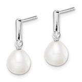 Sterling Silver Rhodium-plated 7-8mm White Rice Freshwater Cultured Pearl and CZ Post Dangle Earrings - QE-26422B43-7268
