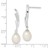 Sterling Silver Rhodium-plated 7-8mm White Rice Freshwater Cultured Pearl and CZ Post Dangle Earrings - QE-2FD05725-9175