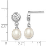 Sterling Silver Rhodium-plated 7-8mm White Rice Freshwater Cultured Pearl and CZ Post Dangle Earrings - QE-6DD7694C-8385