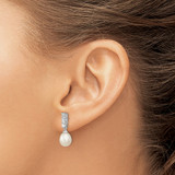 Sterling Silver Rhodium-plated 7-8mm White Rice Freshwater Cultured Pearl and CZ Post Dangle Earrings - QE-C9D2EEF6-4053