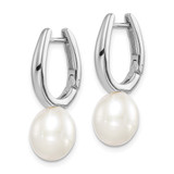Sterling Silver Rhodium-plated 7-8mm White Rice Freshwater Cultured Pearl Dangle Hoop Earrings