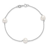 Sterling Silver Rhodium-plated 7-8mm White Semi-Round Freshwater Cultured Pearl 3-Station 7.5 inch Bracelet
