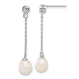 Sterling Silver Rhodium-plated 7-8mm White Teardrop Freshwater Cultured Pearl and CZ 17 inch Necklace and Post Dangle Earrings Set