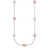 Sterling Silver Rhodium-plated 7-8mm White, Pink and Purple Near-Round Freshwater Cultured Pearl 9-Station 18 inch Necklace