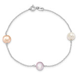 Sterling Silver Rhodium-plated 7-8mm White, Pink and Purple Semi-Round Freshwater Cultured Pearl 3-Station 7.5 inch Bracelet