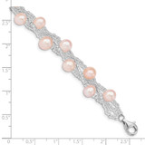 Sterling Silver Rhodium-plated 7-9mm Pink Semi-Round Freshwater Cultured Pearl and Glass Beaded 7.5 inch Bracelet