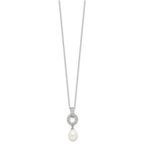 Sterling Silver Rhodium-plated 7-9mm White Teardrop Freshwater Cultured Pearl and CZ 17 inch Necklace and Post Dangle Earrings Set