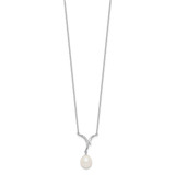 Sterling Silver Rhodium-plated 7-9mm White Teardrop Freshwater Cultured Pearl and CZ 18 inch Necklace and Post Dangle Earrings Set