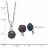 Sterling Silver Rhodium-plated 8-9mm Black Button Freshwater Cultured Pearl and CZ 17 inch Necklace and Post Earrings Set - QH-2BFD1BB8-8763