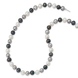 Sterling Silver Rhodium-plated 8-9mm Black, Green and White Semi-Round Freshwater Cultured Pearl 18 inch Necklace