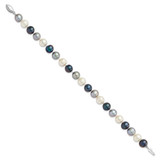 Sterling Silver Rhodium-plated 8-9mm Black, Green and White Semi-Round Freshwater Cultured Pearl 7.5 inch Bracelet