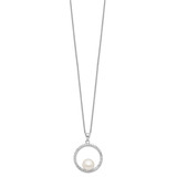 Sterling Silver Rhodium-plated 8-9mm White Button Freshwater Cultured Pearl and CZ 17 inch Necklace