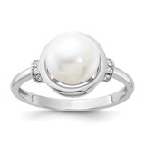 Sterling Silver Rhodium-plated 8-9mm White Button Freshwater Cultured Pearl and CZ Circle Ring - QR-5B9475FA-7426