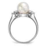 Sterling Silver Rhodium-plated 8-9mm White Button Freshwater Cultured Pearl and CZ Ring - QR-6EFAFAFE-8166