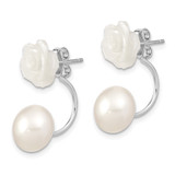 Sterling Silver Rhodium-plated 8-9mm White Button Freshwater Cultured Pearl and Mother Flower Front and Back Post Earrings