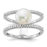 Sterling Silver Rhodium-plated 8-9mm White Freshwater Cultured Pearl and CZ Ring - QR-B28F4C46-8991