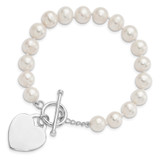 Sterling Silver Rhodium-plated 8-9mm White Near-Round Freshwater Cultured Pearl Heart Toggle 7.5 inch Bracelet - QH-D4206E33-4722