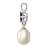 Sterling Silver Rhodium-plated 8-9mm White Teardrop Freshwater Cultured Pearl and .75AM Amethyst Pendant