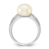 Sterling Silver Rhodium-plated 9-10mm Button White Freshwater Cultured Pearl and CZ Size 7 Ring