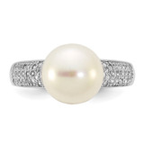 Sterling Silver Rhodium-plated 9-10mm Button White Freshwater Cultured Pearl and CZ Size 7 Ring