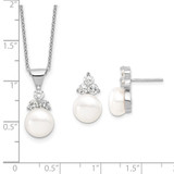 Sterling Silver Rhodium-plated 9-10mm White Button Freshwater Cultured Pearl and CZ 17 inch and Post Earrings Set