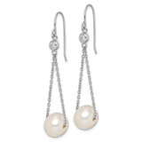 Sterling Silver Rhodium-plated 9-10mm White Semi-Round Freshwater Cultured Pearl and CZ Dangle Earrings