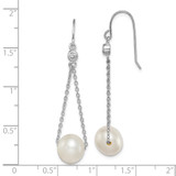 Sterling Silver Rhodium-plated 9-10mm White Semi-Round Freshwater Cultured Pearl and CZ Dangle Earrings