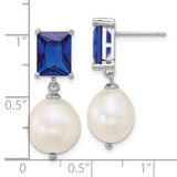 Sterling Silver Rhodium-plated 9-11mm Semi-Round White Freshwater Cultured Pearl and Emerald-cut Blue CZ Dangle Post Earrings