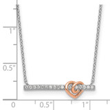 Sterling Silver Rhodium-plated and Rose-tone Polished CZ Heart Bar 16 Inch with 2 Inch Extension Necklace