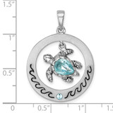 Sterling Silver Rhodium-plated Antiqued Round Moveable Crystal Turtle Pendant